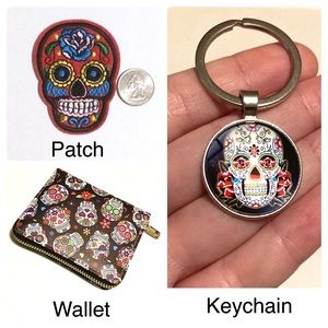 Day of the Dead Wallet Keychain and Patch Set Sugar Skull Combo Lot